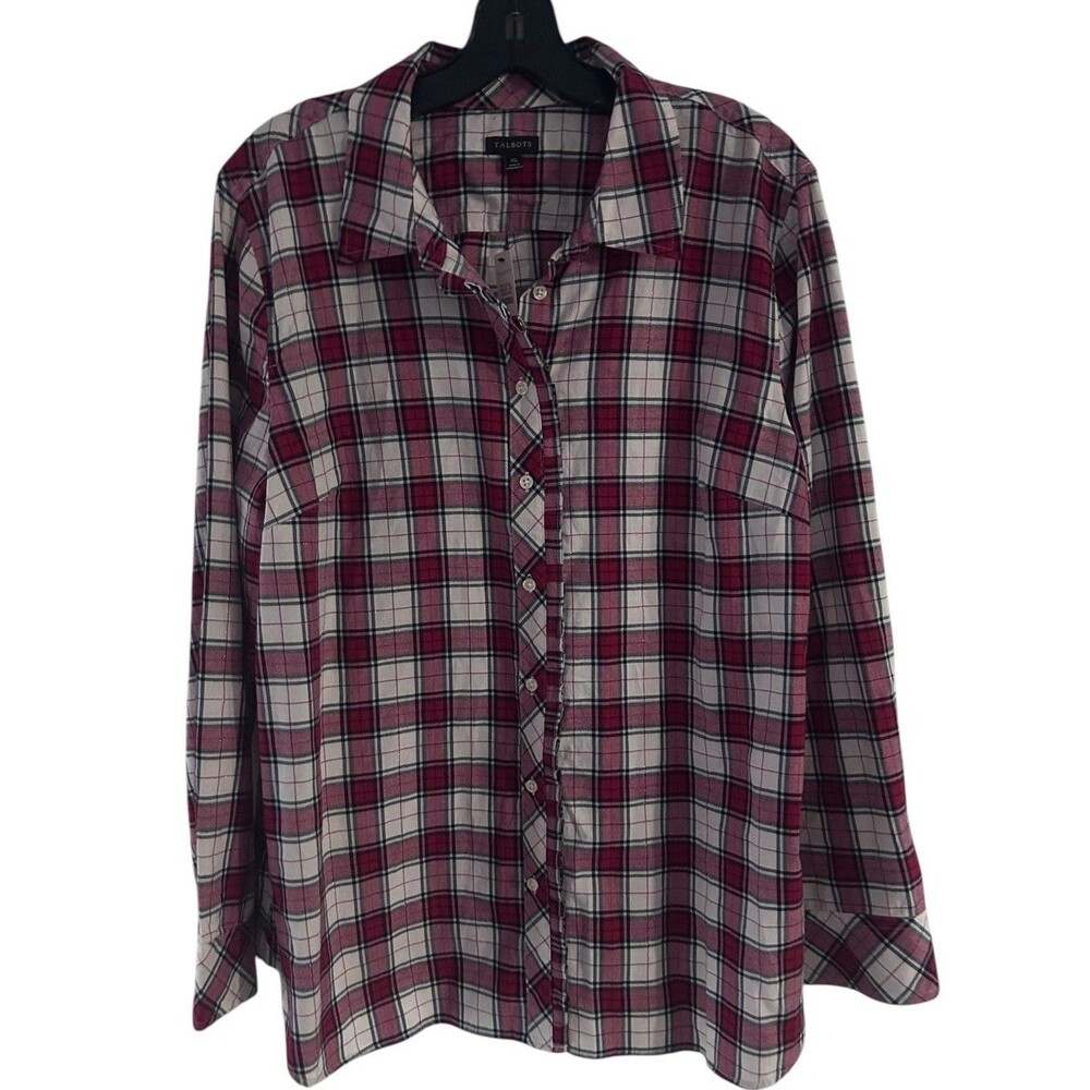 Talbots Women's XL Plaid Button Up Shirt Red White Black Silver Sparkle Holiday